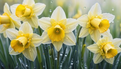 Fototapeta premium Blossoming daffodils dance beneath soft spring rain in a lush garden, capturing the essence of renewal and beauty in vibrant yellow hues