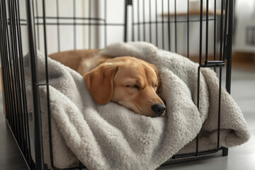 Adorable small dog sleeping comfortably inside its crate on a soft, plush blanket, enjoying a peaceful nap
