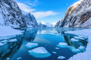 Stunning  fjord with snow-covered cliffs and floating ice in tranquil waters captured in winter...