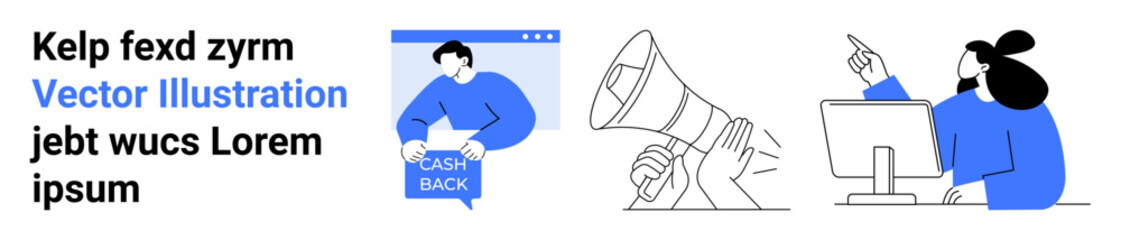 Cashback offer on device, megaphone, person at computer. Ideal for digital marketing, promotions, online sales, social media, e-commerce, customer engagement, business presentations. Landing page