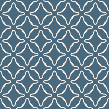 Simple abstract seamless pattern. Vector geometric texture with repeat elements, curved shapes, smooth flower silhouettes, diamonds. Blue and beige minimal background. Geo design for decor, textile