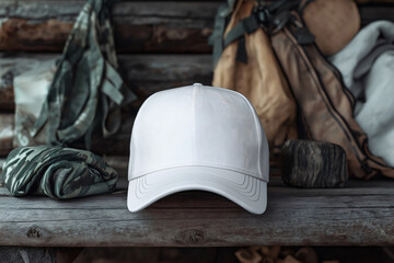 White baseball cap mockup placed on a rustic wooden surface, ideal for showcasing designs and logos related to outdoor activities