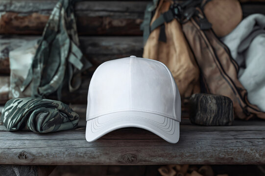 White baseball cap mockup placed on a rustic wooden surface, ideal for showcasing designs and logos related to outdoor activities