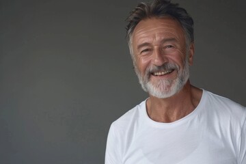 Confident older man in white t shirt promotes grooming products.