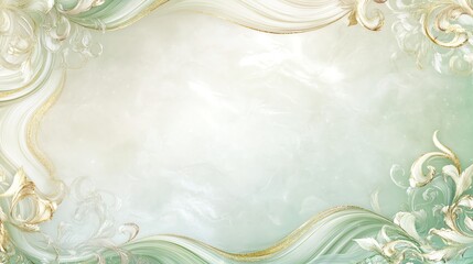 Elegant vintage floral frame in soft green hues, featuring ornate swirls and intricate details, perfect for invitations or decorative design projects.