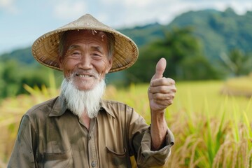 Fototapeta premium Happy elderly Asian farmer in rice field confident and smiling.