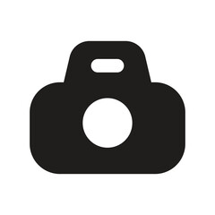 A minimalist white camera icon is shown against a dark grey background.