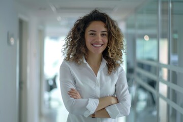 Successful business woman smiling in office and corridor.