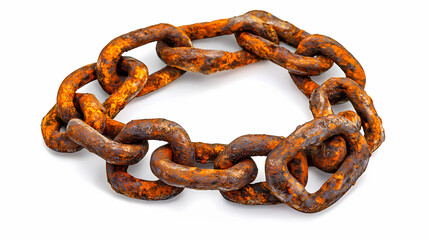 Fototapeta premium Rusty old chain with corroded links and worn metal texture lies coiled on a clean white background, evoking feelings of age and neglect. Erosion. Illustration
