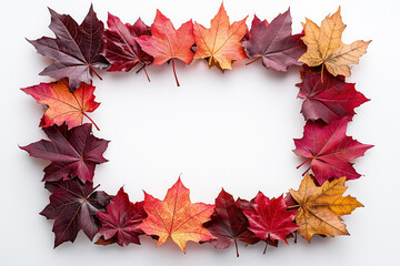 Minimal autumn frame with maple leaves on white background, copy space