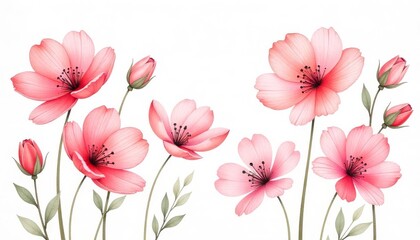 Fototapeta premium Delicate Pink Flowers and Buds Against a White Background