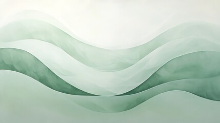 Obraz premium Abstract green waves create a soothing minimalist landscape, evoking a sense of tranquility and fluidity on a soft, pale background.