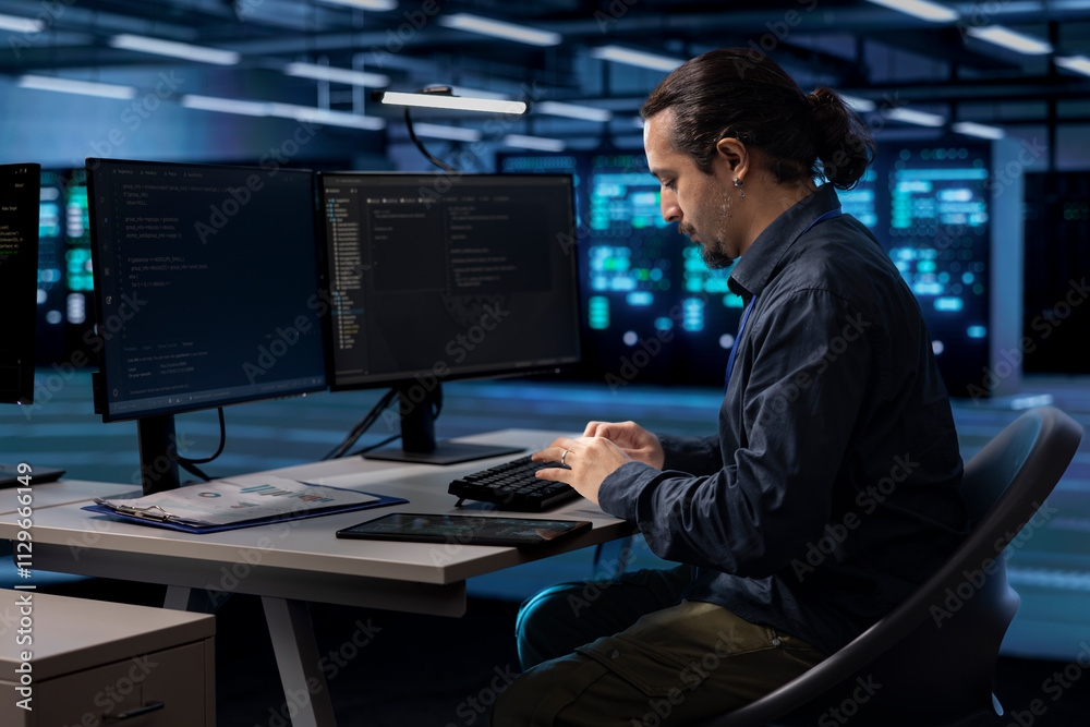 Poster admin typing on computer keyboard, doing maintenance in data center to extend equipment life span an