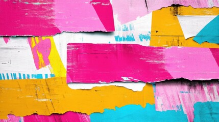 Naklejka premium Layered ripped posters with punk slogans and chaotic typography showcasing vintage grunge style in bright neon colors