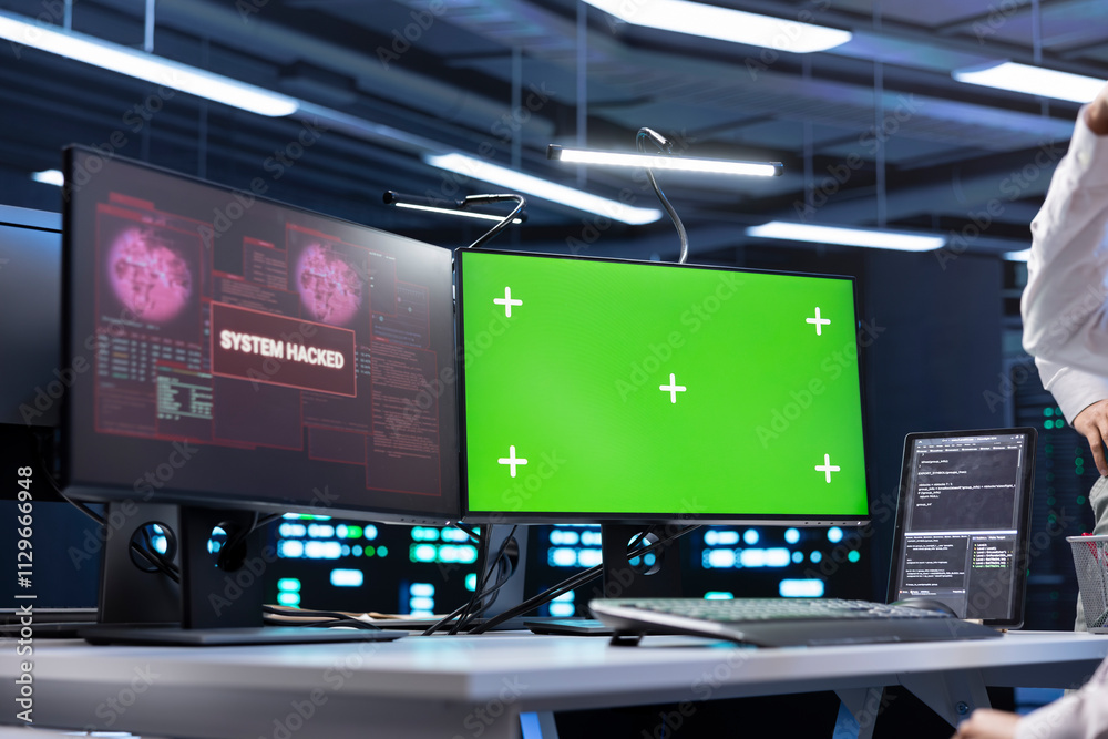 Poster admin using isolated screen pc in server farm trying to protect hardware from hacker attack stealing