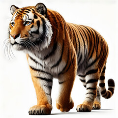 Obraz premium Tiger isolated on a white background, Side view, tiger standing full HD image generated by Ai. full body, realistic, full detail looking at the camera.