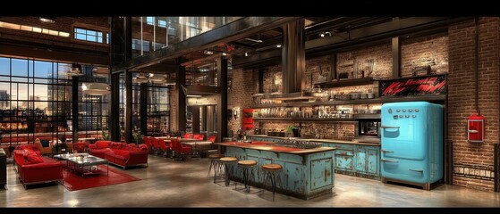 Modern Loft Kitchen Design Featuring Industrial Brickwork and City Views