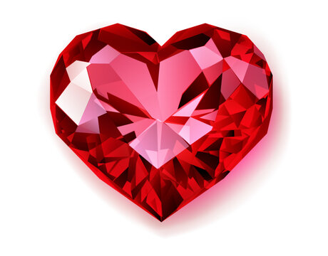 A vivid red gemstone meticulously cut into a heart shape, showcasing brilliant facets and a radiant glow. With soft shadow on white background.
