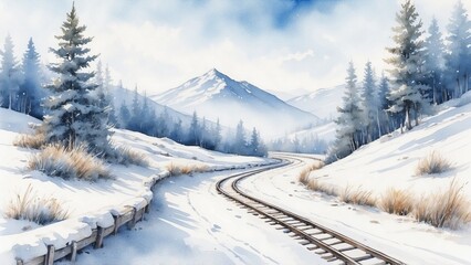 Obraz premium Majestic winter landscape with winding railway tracks surrounded by snow-covered mountains 