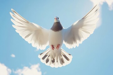 Obraz premium Dove soaring with wings open against blue sky