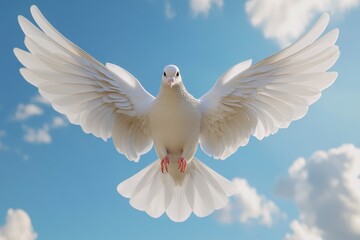 Obraz premium Dove soaring with wings open against blue sky