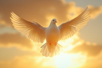 Obraz premium Dove soaring with wings open in front of sun