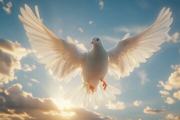 Obraz premium Dove soaring with wings open in the sky.