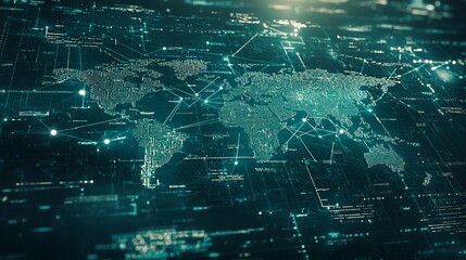 Fototapeta premium An abstract digital world map illuminated in green tones, showcasing a network of connections and data points.