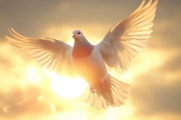 Fototapeta premium Dove soaring with wings open in front of sun