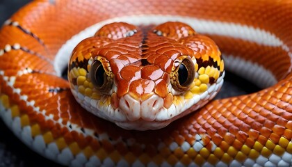 Fototapeta premium Close-Up of a Vibrant Orange and White Snake, Striking Pose, Detailed Scales, Reptile Portrait Photography