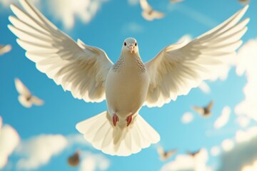 Fototapeta premium Dove soaring with wings open against blue sky