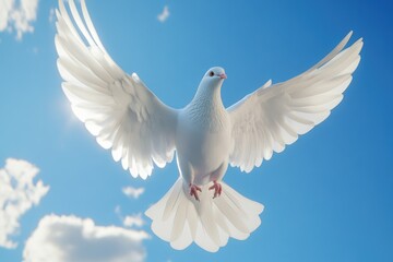 Obraz premium Dove soaring with wings open against blue sky