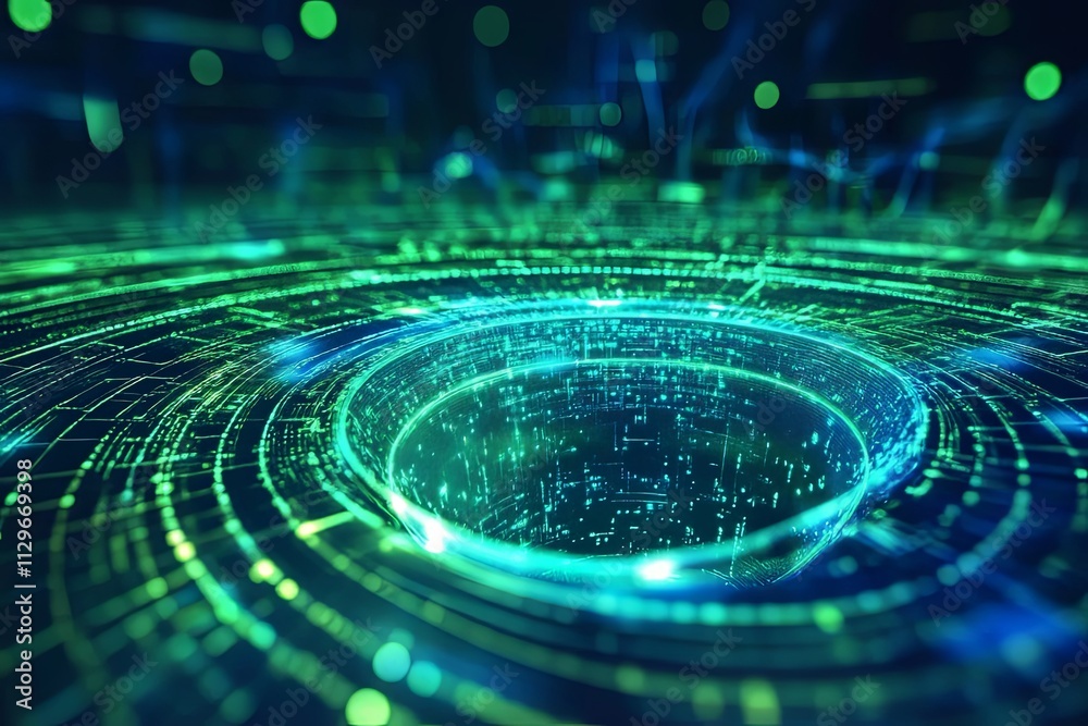 Poster digital vortex with glowing data streams and circular patterns in a futuristic design. generative ai