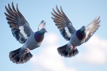 Obraz premium Twin pigeons in the air with wings wide open