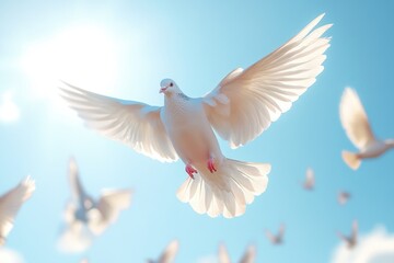 White pigeon soaring with wings spread wide in blue sky.