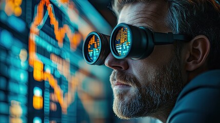 Businessman wearing futuristic glasses analyzing stock market data