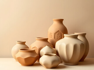  shapes of clay pottery in warm earthy tones against a soft, neutral background