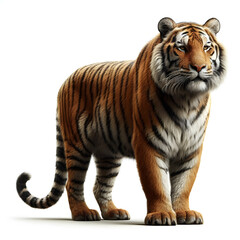 Obraz premium Tiger isolated on a white background, Side view, tiger standing full HD image generated by Ai. full body, realistic, full detail looking at the camera.