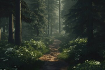 Obraz premium Sunlight filters through the mist in a tranquil forest, illuminating a pathway bordered by lush greenery and wildflowers
