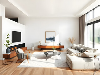 modern living room with a Scandinavian design, soft natural lighting