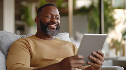 Smiling man relaxing at home, using a tablet.