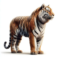 Fototapeta premium Tiger isolated on a white background, Side view, tiger standing full HD image generated by Ai. full body, realistic, full detail looking at the camera.