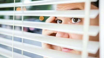A young Hispanic woman peeks through window blinds with a curious expression.