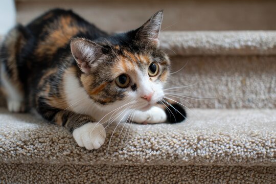 Calico cat scratching nails inside house damaging carpeted stairs - Powered by Adobe