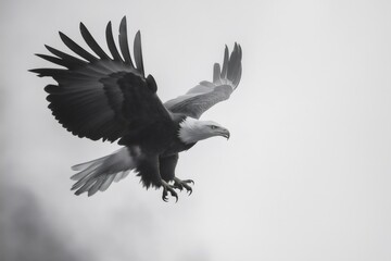 Obraz premium Majestic bald eagle diving towards prey, showcasing its powerful wings and sharp talons against a cloudy sky in monochrome