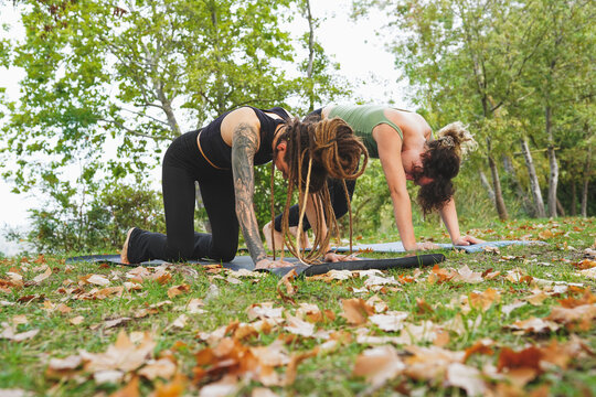 Transgender couple doing yoga outdoors in autumn