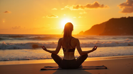 A serene beach yoga session at sunrise, with soft waves and a glowing sky. The peaceful atmosphere reflects mindfulness, wellness, and spiritual balance.