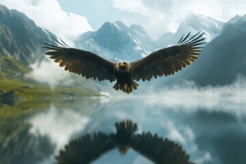 Fototapeta premium Eagle with outstretched wings gracefully glides over a tranquil mountain lake, its reflection mirrored in the water's surface