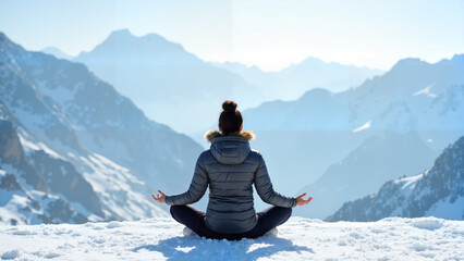A peaceful winter yoga retreat in the snow-capped mountains, blending resilience, strength, and tranquility in a serene alpine setting.