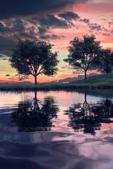 Fototapeta premium Serene landscape at dusk with two trees reflecting in calm water under a colorful sky.